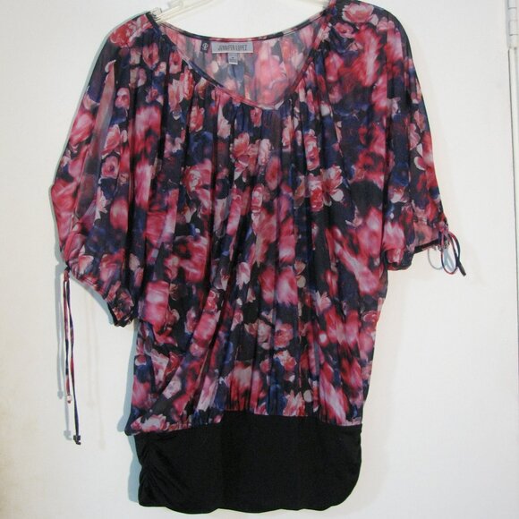 Jennifer Lopez Tops - Jennifer Lopez Pink Floral Blouse Mediumn Semi Sheer Attached Cami Rouching